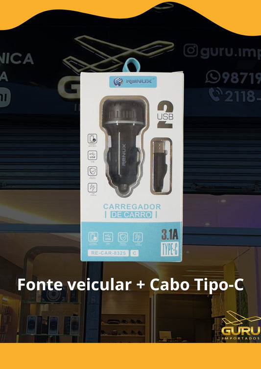 Fonte Veicular + Cabo Tipo-C